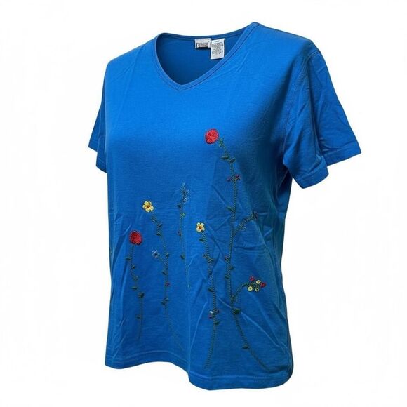 Vintage Blue Floral Embroidered T-Shirt Shoulder Pads Womens - Picture 1 of 4